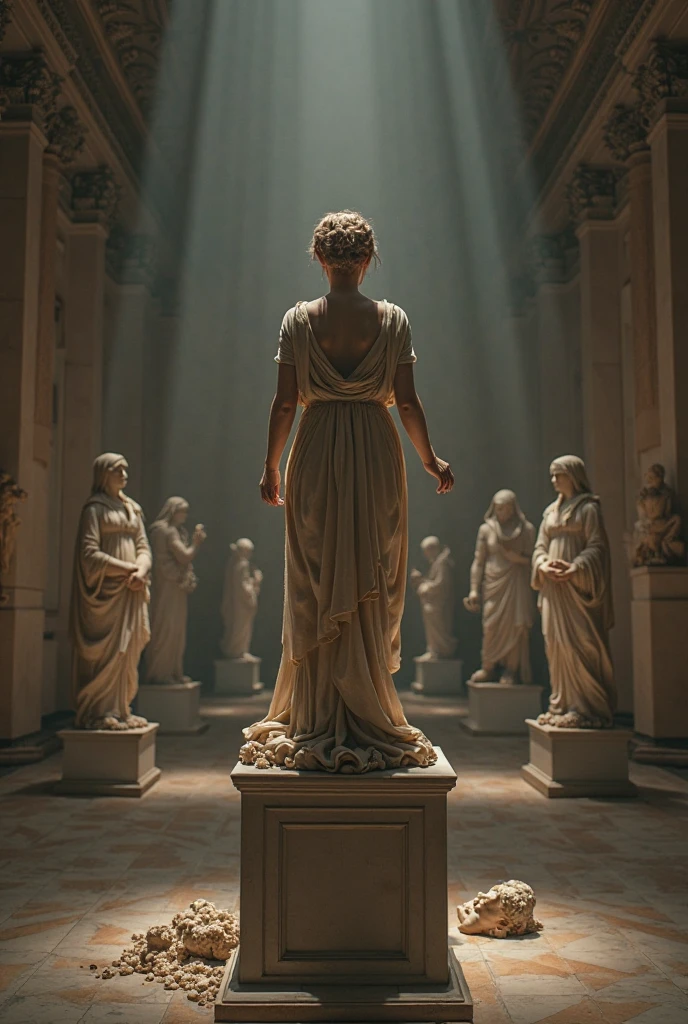 Aphrodite, in a sensual pose, stands in a white marble temple with tall, imposing columns. The floor is decorated with colorful mosaics depicting mythological scenes. Around her, statues of gods and goddesses watch silently. The soft light of torches illuminates the room, creating dramatic shadows on the walls. On the altar are offerings of fruits, flowers and jewelry, while Aphrodite stands in the center of the temple, radiating serenity and power.