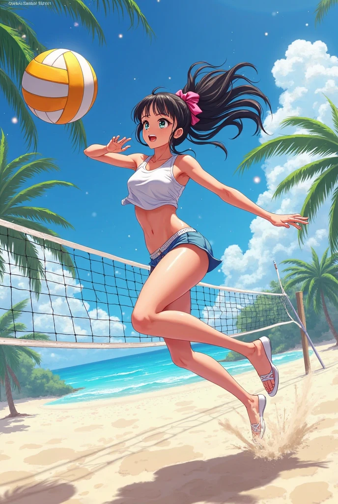 A cute woman is playing volleyball in a sensible beach outfit, high action, having fun