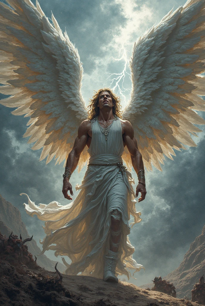uma imagem do anjo Miguel Arcanjo, com uma espada no inferno, Anjo no inferno, arcanjo, Angels vs Demons in Chains, angel watching demon, angels and demons, anjo protegendo o homem, Arcanjo Miguel, O Anjo da Morte, Battle between angels and demons, anjo super largo, epic angel wings, angels protecting a praying man, necessidade humana anjo da morte. ((imagem epica)), ((alta qualidade)), olhos claros brilhantes, Biomechanicals, estranho, assustador, pesadelo, cores muito brilhantes, light particles, com luz brilhante, Mshiff, Arte do papel de parede, papel de parede uhd, Arcanjo olhos claros brilhantes, Biomechanicals, estranho, assustador, pesadelo, cores muito brilhantes, light particles, com luz brilhante, Mshiff, Arte do papel de parede, papel de parede uhd