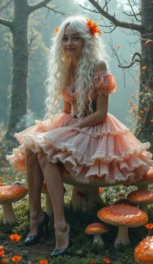 a pretty girl,Take a walk in the forest,With his back to the camera,full bodyesbian,Wearing a pink sailor suit,Half leg white silk,Flowing pink hair,k hd,4K,A high resolution,slender leg