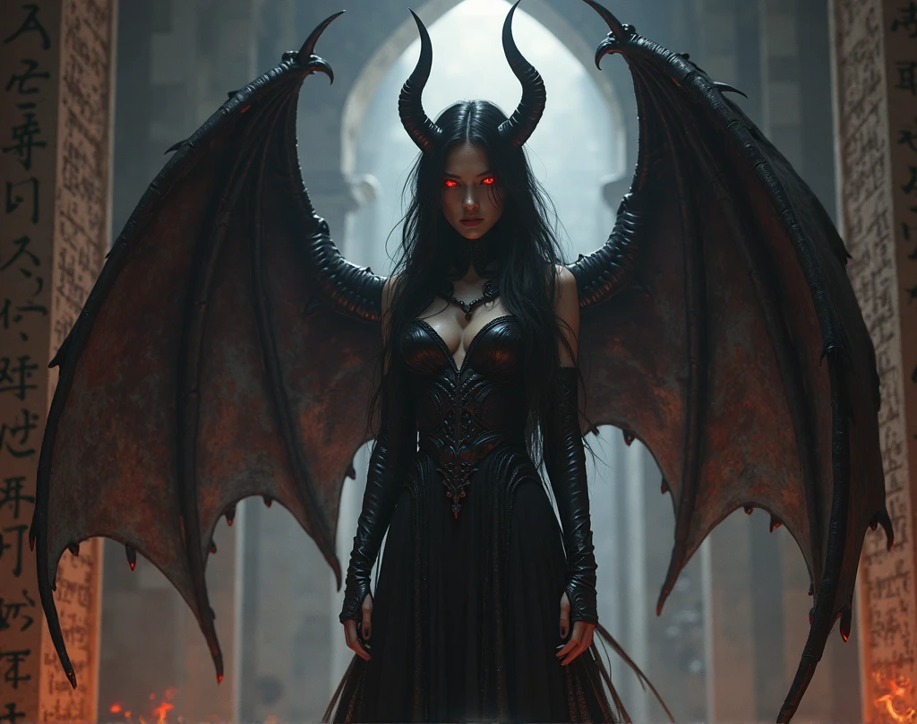 Very young girl, young girl, very young teen, Young lively teen girl undergoing a transformation into an evil demonic Vampire, female, long dark hair, pasty pale ghastly skin, red eyes, vampire fans, very long canine teeth becoming fangs, elegant flowing renaissance era black dress, Romanian, dark castle, nighttime, moonlight, dimly lit, horror, threatening to bite you, bearing her fangs, huge leathery bat wings, close, very close, Vampire bite scene, long black obsidian horns, red-tinged skin