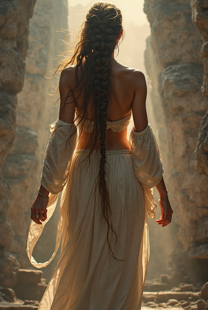 A native slave woman in ancient Maya, inside a wide open air outdoors stone temple, unhappy, full body view, SFW