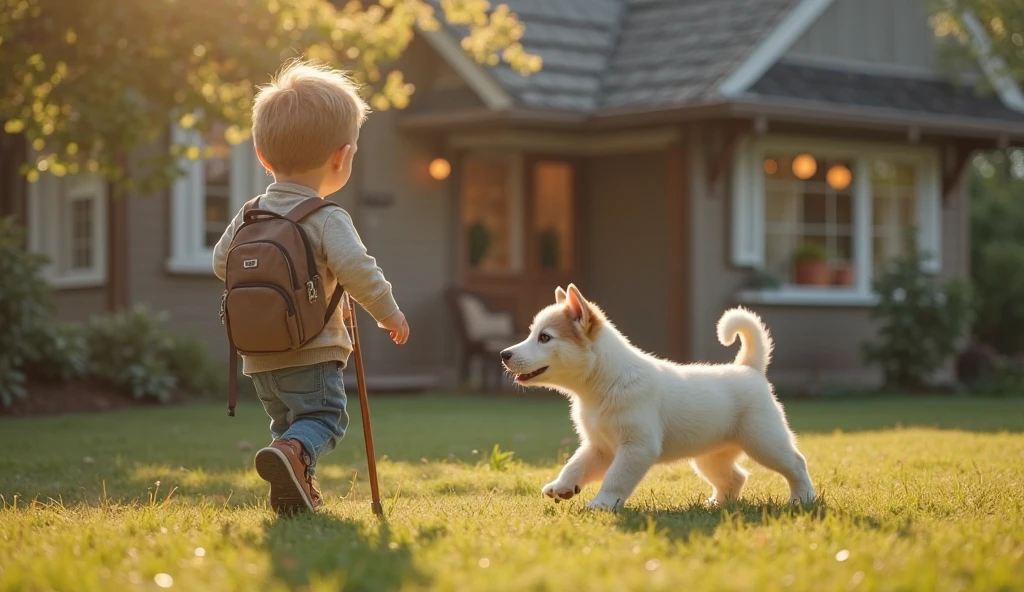 A cute little boy carrying a school bag and a big husky frolicks in a beautiful natural environment --auto