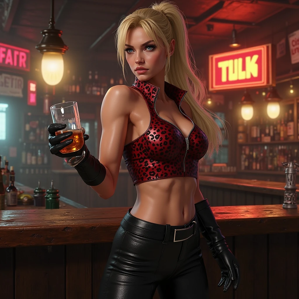 (((Full-length shot))),((Best quality)), ((masterpiece)), (detailed), 1 girl, ,drinks champagne from a bottle.,catfights,very muscular build and medium breasts ..,wears an black leather bikini. She has a punk rock look and blonde hair pulled back into a ponytail.Hyper-realistic close-up photo of Cammy White, blue eyes, masterpiece,Best quality, (Photorealism: 1.4), Create dystopian masterpieces. Post-apocalyptic world. Pay attention to small details, sharp focus.gaping mouth,gapemouth.