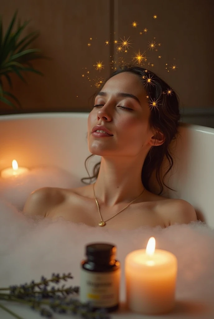 woman made of chocolate inside a bathtub full of milk with the universe in the background