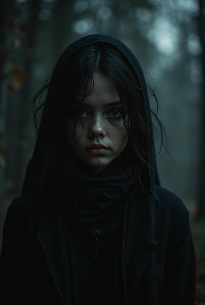 A pre teen 10 years old girl with pale skin and long, straight black hair. large and dark eyes , with an intense and enigmatic expression. wearing the orphan movie clothe style, with a more elegant and sophisticated touch, something that matches her mysterious and strong personality. Overall, her appearance would be striking, attracting curious and intrigued looks. flat chested, cinematic lighting, chromatic aberration, backlighting, masterpiece, high details, high quality, 4K.