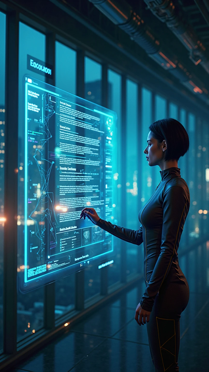 Generate a powerful image with a black background that represents software development in an impactful way. In the middle, shows a female software developer with a professional and elegant appearance, dressed in a formal suit. She must be interacting with a large holographic screen that displays detailed lines of code, data charts and technical diagrams in bright colors like emerald green, electric blue and luminous white. Add visual effects like neon data streams and floating lines of code that spin and scroll in the digital environment around her. The style should be futuristic and sophisticated, highlighting both the formality of women and the complexity of the technological environment.
