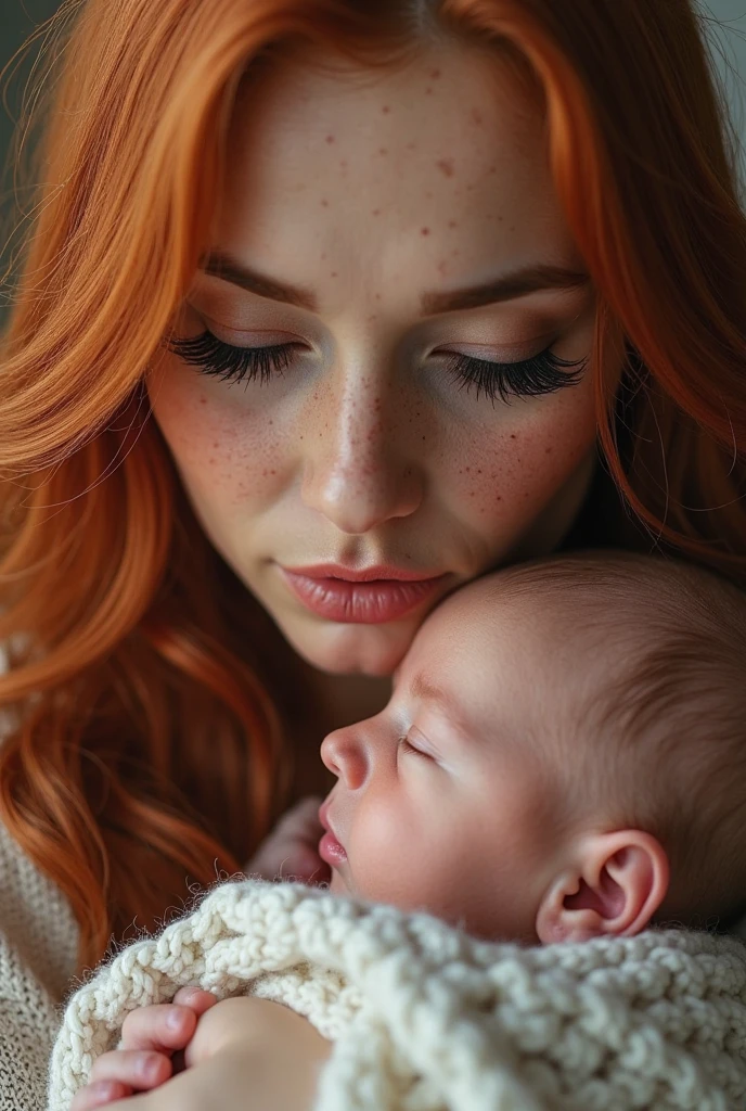 redheaded woman with a blond brown-eyed newborn baby