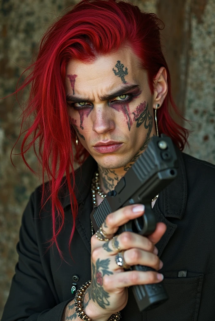 Boy with fairly long half black and half purple hair with one black eye and on the other a black patch of a rose with black lips dressed in a sexy yukata showing his chest and torso pointing a gun to his head with piercing and tattoos in the background a dark dojo