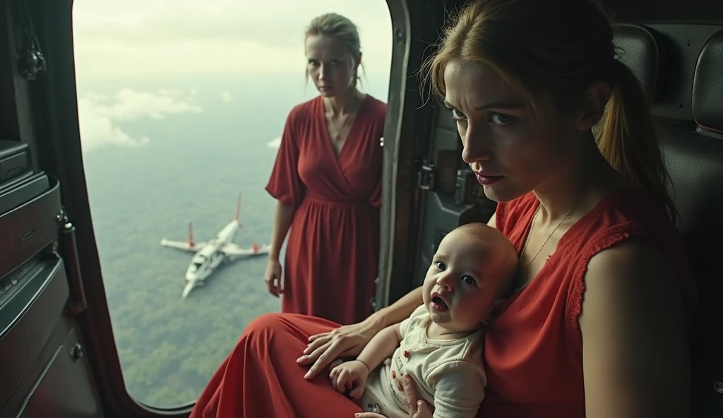 Create a representation of Stanisława Leszczyńska in the midst of war camp, holding a baby, the baby is wrapped in sheets, her clothe is of militar nurse, she is running on the midst of war, explosions on her back, shooters on her back, his clothes a little torn, full body,  body, showing her beautiful legs, big 