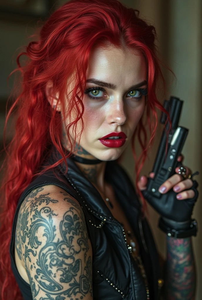 orange colored hair, long hair, bangs-hairstyle, immaculent beauty, sexy goth make-up, sexy goth clothes, sexy goth outfit, emo, tattoos, detailed tattoos, bdsm, dominatrix, latex, angry yet seductive face, extreme realism, extremely detailed, excellent image, extraordinary quality, highly detailed, hyperdetailed faces, hyperdetailed fingers, muted color grading, cool-toned sterile colors, chromatic aberrations, shallow depth of field, light leaks, rear projection, captivating, impressive, silhouette, bokeh, tilt-shift effect, soft focus, long exposure, extremely detailed face, imperfect skin, hyperrealistic skin, detailed clothing, RAW photography, 8k,