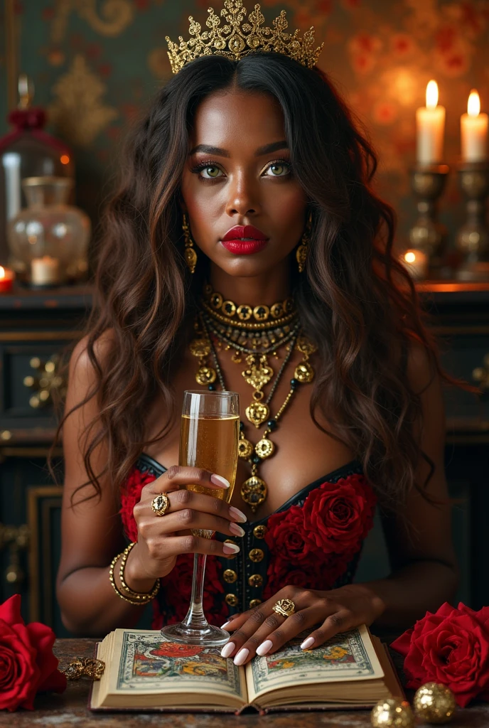 beautiful woman, african woman, He put a black veil over his face , rose negra y rojas sobre cabello, clothes bench, red cape y negra , smile, risa, smiling, bright Eyes, calaveras, cemetery, candles, trident , black feathers, Bones, beautiful woman, black fur, corona, red cape, sexy red and black dress, rose, Cigarettes, both SMILE, witch, blood, sentada trono de rose, caldera , glass of champagne 