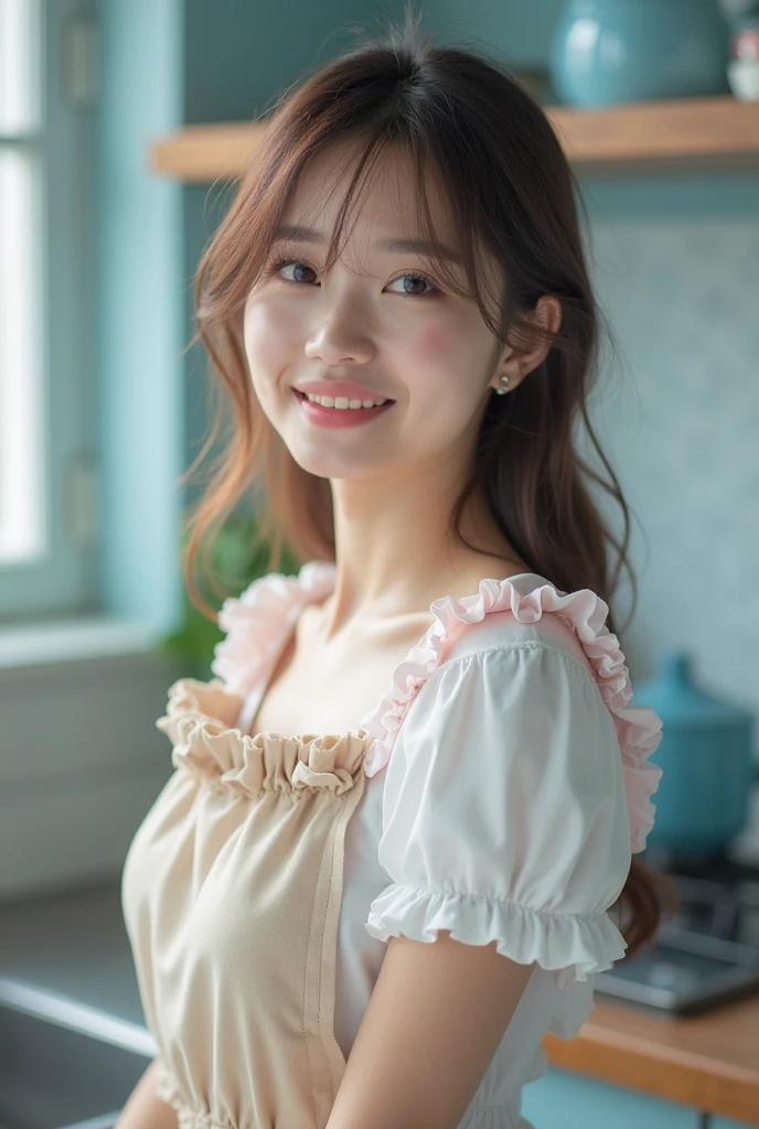 ((best quality, 8K, RAW photos, masterpiece :1.3)), (Practical、Practical:1.37)、Very detailed、Ultra-high resolution, (Professional lighting), ((From below:1.2)),((Full body image)),Solitary, 1 female, Solitary, (18 years old), Japanese, Beautiful and delicate face, Shining eyes, Brown eyes,Small Breasts、 Small Breasts:1.3,(Nogizaka-style beautiful girl) , Delicate and beautiful skin, Texture, Blue Kitchen,
(Healthy smile), (Light pink ribbon, Brown hair),(Nude Apron:1.5、Small ruffled apron:1.3), remember,
girl,Solitary、Look to the side