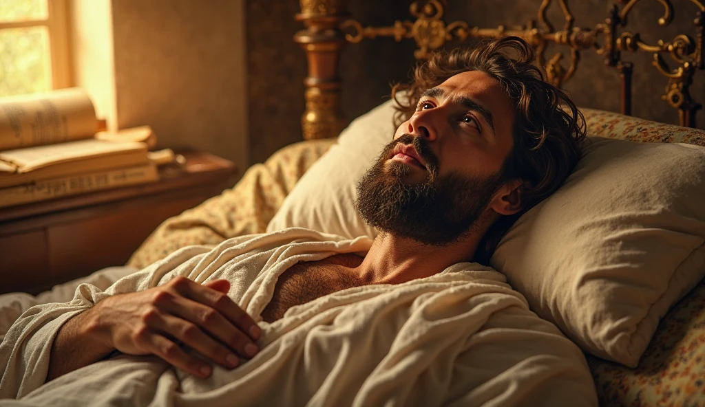 illustrates a 50 year old king bare chested in bed raising his arms up