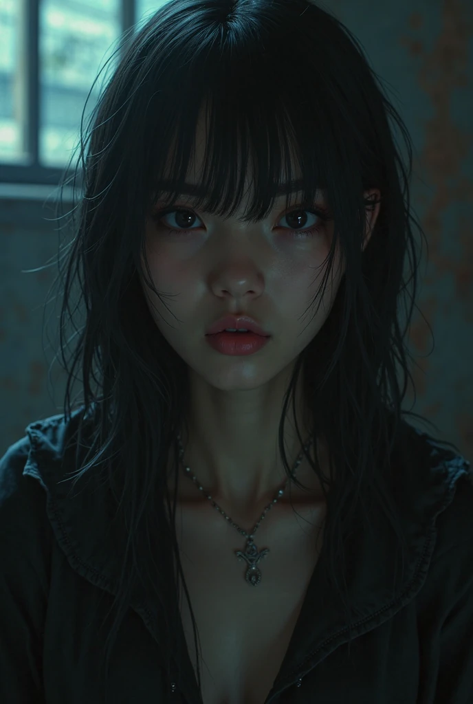 (32K:1.9, Horror expression:1.9, Highest quality, masterpiece, Ultra-high resolution), Professional random camera work, Perfect dynamic composition, Highly detailed skin and facial textures, Detailed eyes, Detailed limbs, (The Darkest Dungeon:1.3), cute, Sexy and slim Japanese woman, Fair skin, Tilt your head, (5 Zombies:1.7, Zombie touching a woman:2.0, Raindrops falling from the ceiling:1.5), (Huge breasts that are about to burst, areola is not visible, Big cleavage, A look of despair:1.3, Expression of despair:1.3, Totally captivates you, Pure white camisole dress:1.5), Beautiful Blue Eyes, Beautiful erotic eyes, Sexy Face, blush, Beautiful sensual atmosphere, ((Bloody:2.0, Covered in bruises:2.0, Bruises on the face:2.0, Lots of big chains:1.9, Crucified:1.9, Countless chains tangled in clothes:1.9, The right arm is attached to the cross:1.9, The left arm is attached to the cross:1.9, Both hands are chained、Tied tightly to the cross, The right leg is bound with a shackle and chain:1.9, The left leg is bound with a shackle and chain:1.9)), (Too erotic)