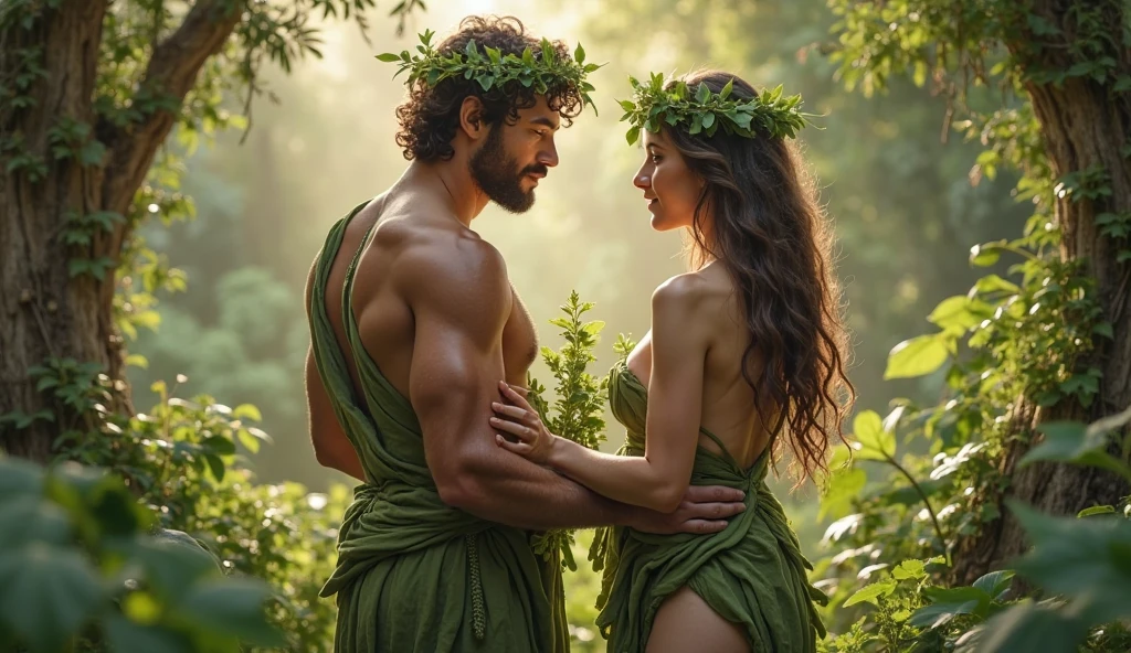 Adam and Eve together in the garden of Eden. Adam the man in his mid 20s, is a descendant of Aphrodite, ah inherited a certain beauty from him, The he looks very pale, with beautiful, slightly greenish hazel eyes, curly hair not so long, hazelnut brown but sometimes some reddish lights, the boy has a fit body, He is tall and very attractive, too handsome, He is and is in the garden of Eden, 32K UHD, extremely detailed, high definition, style raw and Eve in he garden of Eden, in a leaf attire, shoulders shown, beautiful woman with blue eyes, light brown hair, extremely detailed, High definition, 32K UHD, High resolution, Style Raw,
