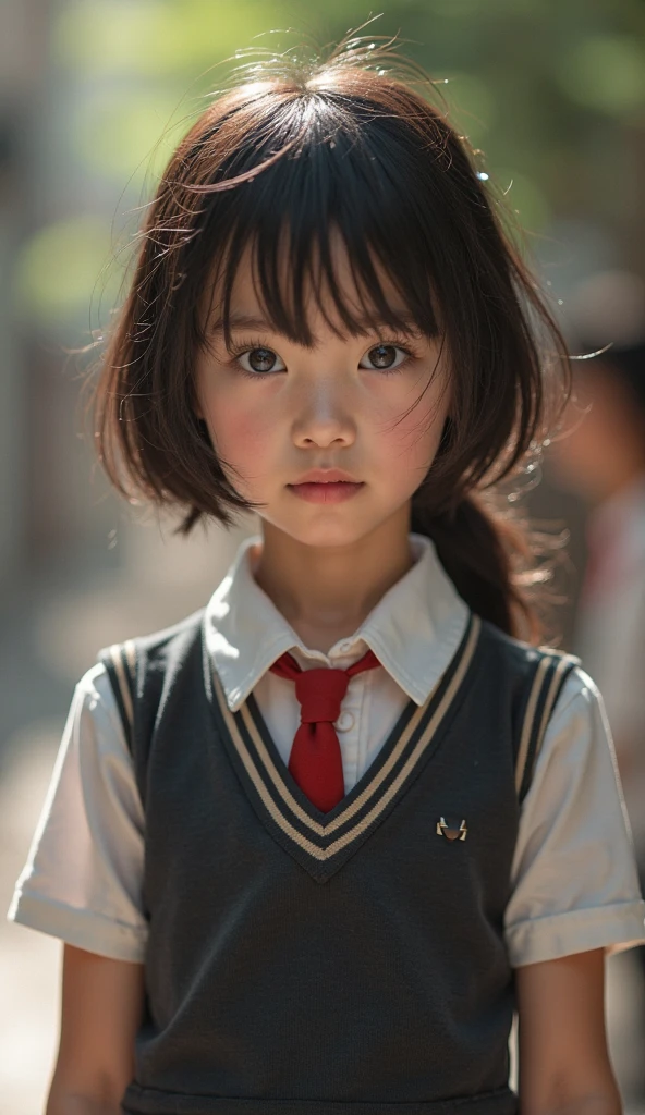 Cute schoolgirl, short cut, face up shot, summer clothes, puberty, dusk, frontal, portrait, school, camera gaze