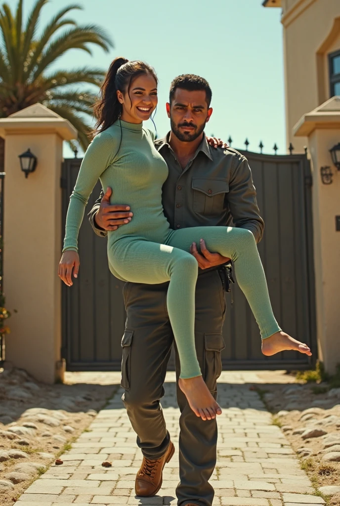 A beautiful brunette girl with blue eyes wearing a tight dress next to a male lion in a desert.