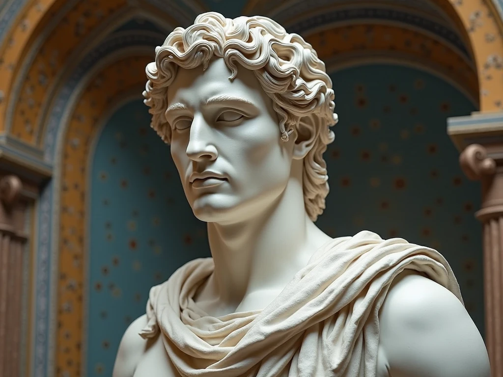 Auguste Prima Porta en marbre, Empereur romain imberbe, revêt une couronne de laurier sur sa tête, partagea ses connaissances et son savoir auprès de la jeunesse afin de l'instruire et de d'éclairer. 