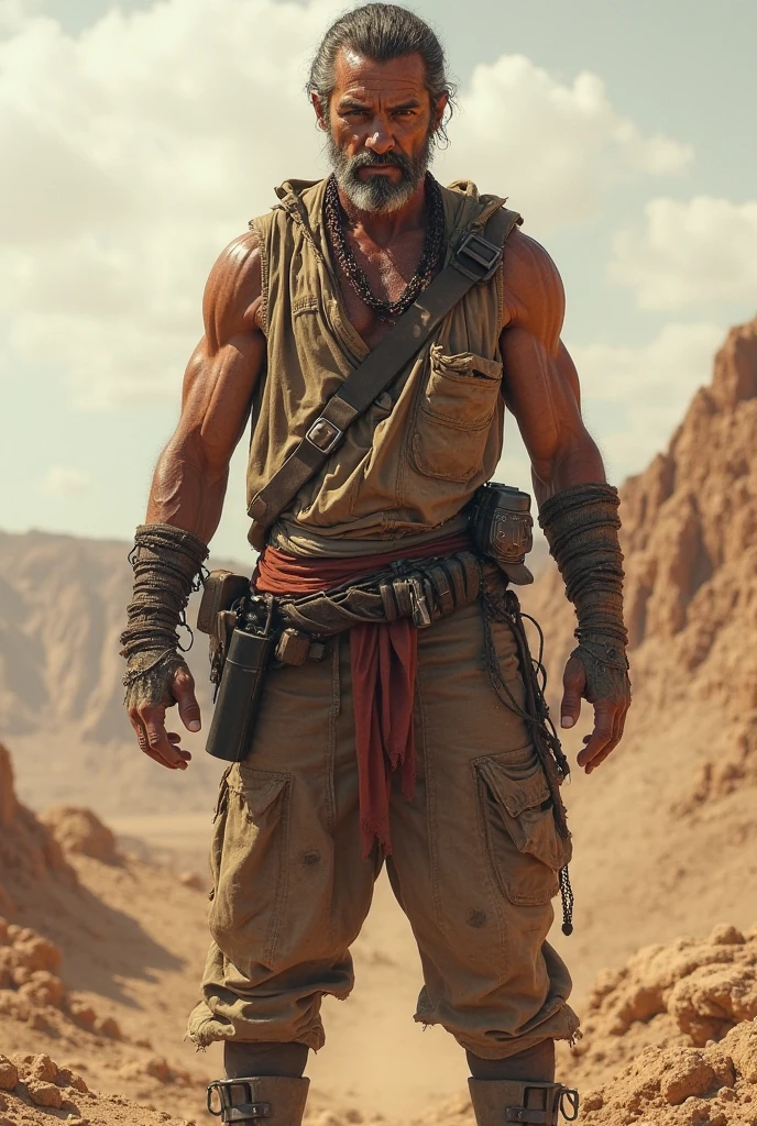 A man in his early 30s stands atop a crumbling, graffiti-covered building in a post-apocalyptic city. He’s dressed in rugged, makeshift armor, with a bandolier slung across his chest and a weathered scarf around his neck. His stance is strong and defiant, with one foot resting on a piece of rubble, and his hand gripping a flagpole with a tattered banner flapping in the wind. Behind him, a small group of followers look up to him for guidance. The city is in ruins, with smoke rising in the distance, but his expression is resolute, symbolizing hope and resistance in the face of adversity.