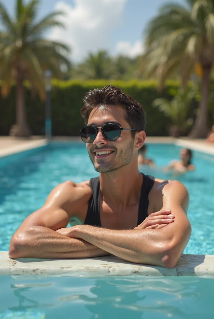 naughty man, age 25, sem beard, looking straight ahead, using a tractor inner tube buoy, in a pool