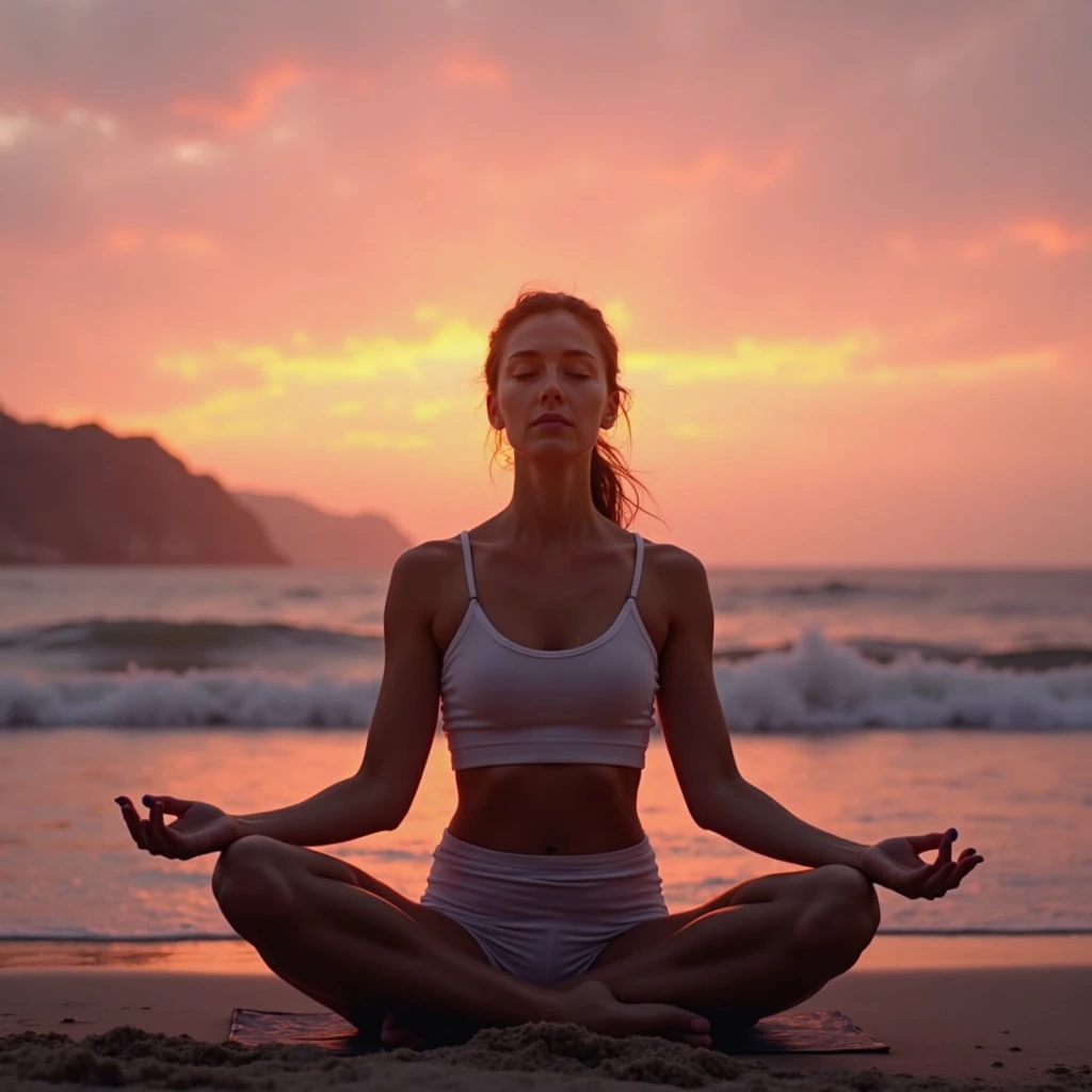 A photograph for a fashion brand advertisement. ultra-realistic woman in a yoga pose in a majestic location surrounded by the sea and cliffs, captured by a drone camera. angle photo from a distance. The atmosphere is cool and stylish. The sun reflects off the sea. The woman is fully focused on her yoga practice. she is looking at forward. (8k, RAW photo, best quality, masterpiece:1.2), (realistic, photo-realistic:1.37), ultra-detailed, (high detailed skin:1.2), 8k uhd, dslr, soft lighting, high quality,