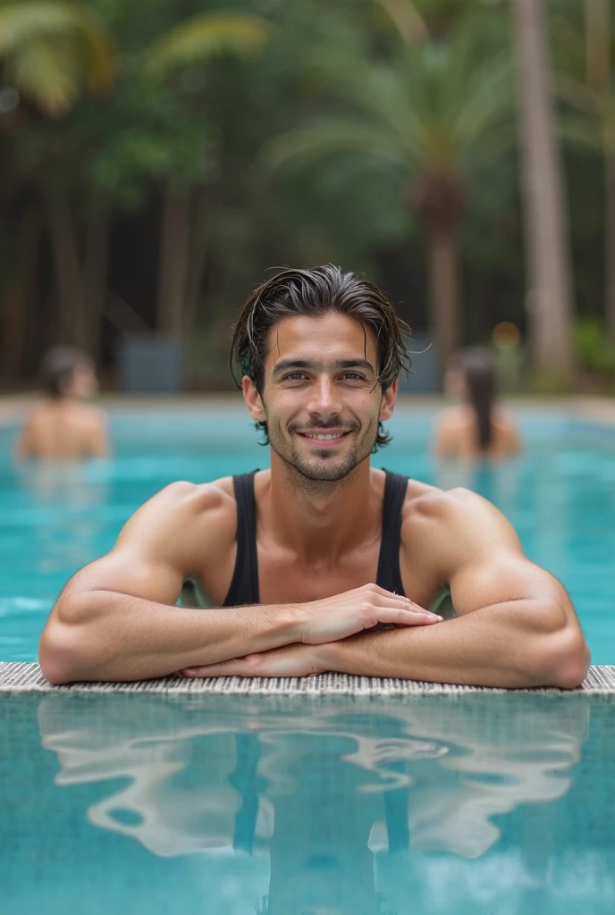 30 years old,One Man,Face of Turkey、Black Bikini,Pool、Poolサイドでレスリング、muscle、chest hair、pubic hair、Solid system、Sweat、Gay ,Very Very Short Hair、Stubble,Handsome、The crotch area is bulging。The crotch area is bulging、pubic hair、smile、Brown Hair