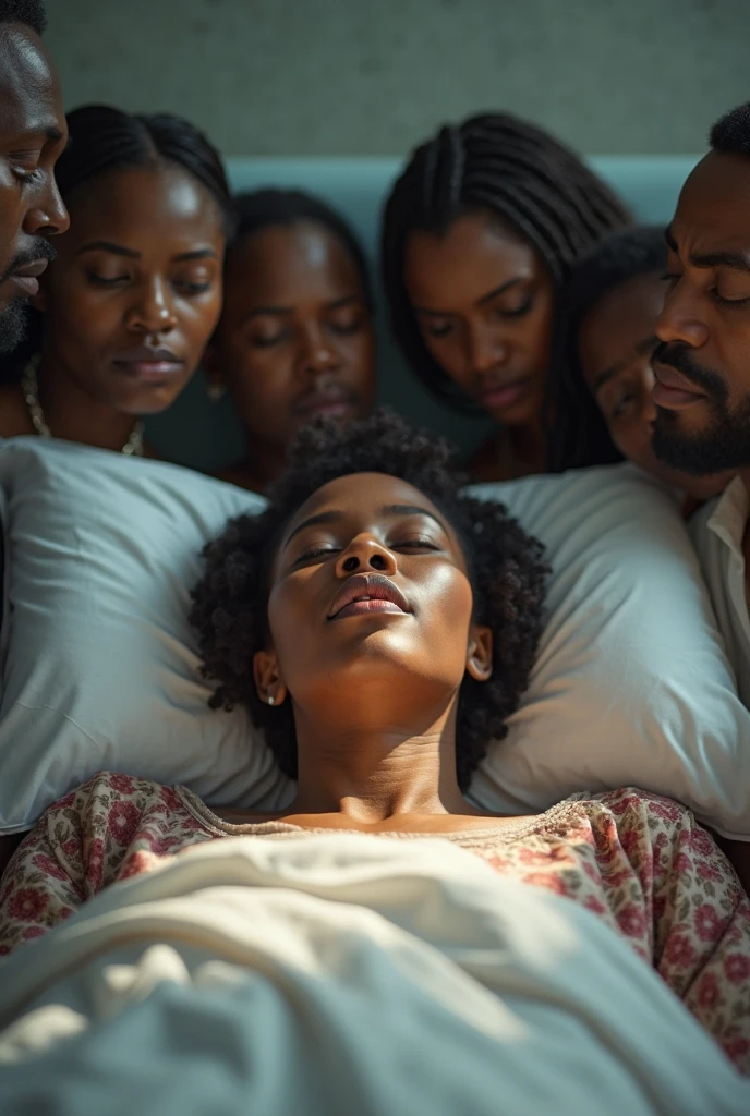 Une africaines . Malade avec sa famille dans leur maison