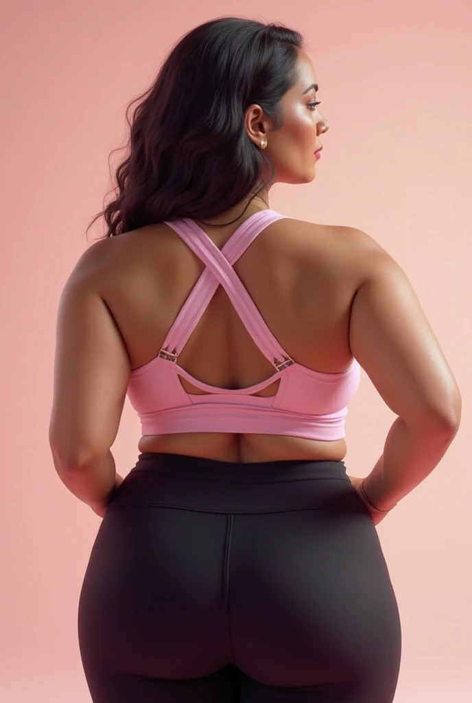 yet curvy witch with a belly button piercing. She has slightly droopy eyes, thick straight eyebrows, a straight medium-width nose, and full, slightly downturned lips giving her a serious expression. Her skin is light and smooth, with a soft jawline. She's wearing pink low-rise gym shorts that reveal her hip bones, paired with a short pink hoodie. Her dark hair is tied in a ponytail, and she has fake eyelashes. The overall look should be provocative and alluring, emphasizing her thicc figure and exposed midriff.