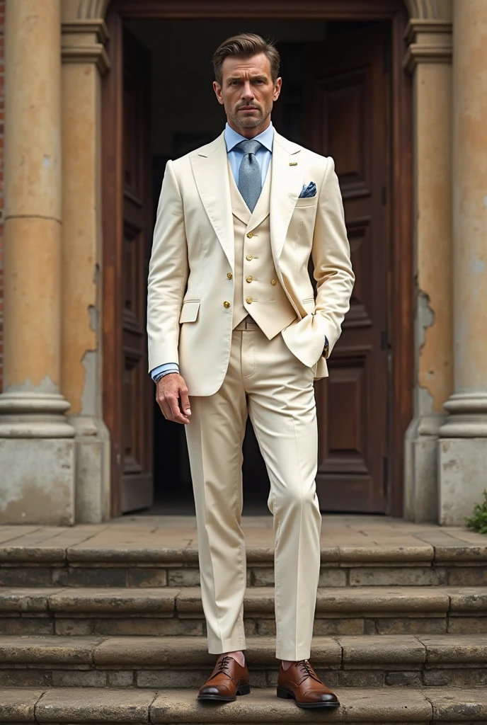 Best quality image: A tall man with bright short hair and a slim muscular build is captured in a full-body shot, dressed elegantly in a suit. His smile radiates happiness and confidence as he stands against a clean, uncluttered background. The image is taken with impeccable detail and clarity, showcasing every fiber of his well-tailored attire and the natural texture of his hair. The lighting is cinematic, casting a soft yet bright glow on his toned features, enhancing the depth and dimension of the photograph.