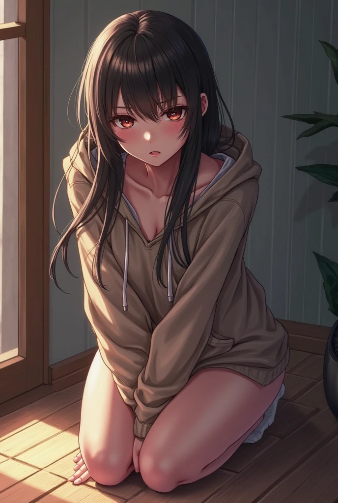 ((masterpiece,Highest quality:1.3,best quality illustration,realistic)),cowboy shot,独奏,1woman,(20-year-old、Japanese Beauty)、brown hair,long hair,center parted bangs,brown eyes,gorgeous eyes,((very small head:1.3)),tears,shy,Heavy breathing,((very long body:1.2,skinny)),medium breasts,(tan skin:1.4), (gleaming skin,toned body,slender body),sweat,(black oversized hoodie,vagina,bottomless),Love juice、White sneakers、squatting,Alley、Tokyo、
