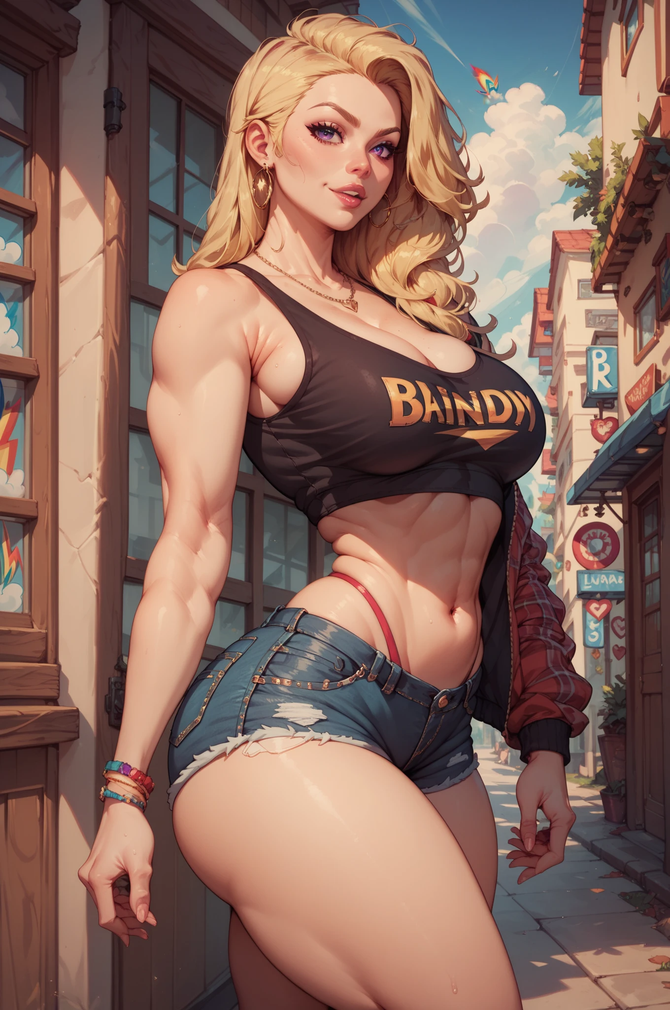 (((1 girl, cute, (gigantic breasts:1.2), sleeveless denim jacket, black lace bra, jeans, black elbow Gloves, strawberry blonde long hair, braided hair, ((cornrows braids)), blue eyes))), (((strawberry blonde hair))),
dynamic poses, realistic style, depicting a group of characters in various action scenes, from intense battles to lighthearted moments, with dramatic speed lines and bold sound effects, capturing the excitement and energy of the story, Laser rays from the palm of hand, Attack forward with palm, temple, japan,
