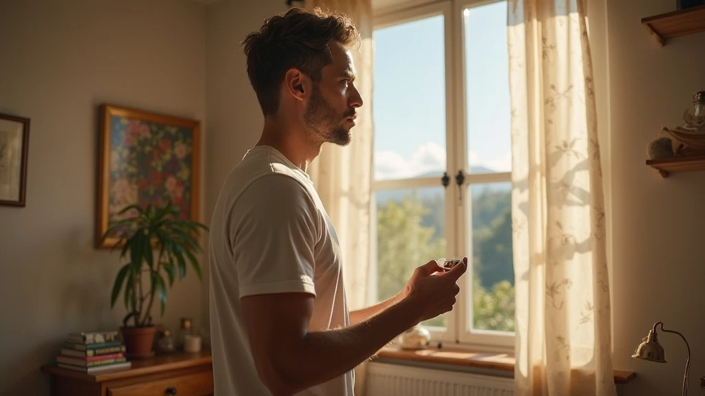 man wondering something in his living room. front view