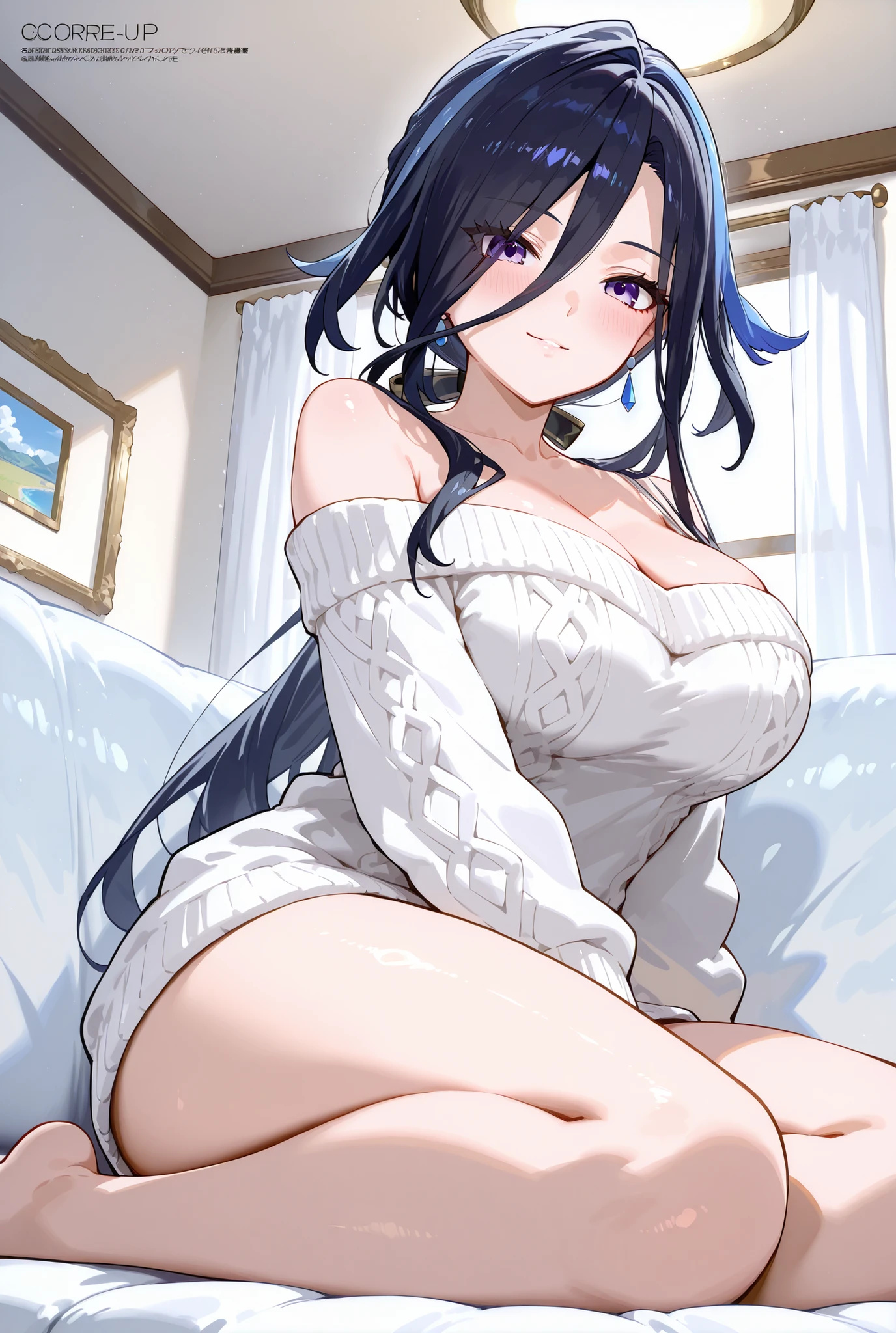 クロリンデ,Clorinde,


score_9, score_8_up , score_7_up , score_6_up , score_5_up ,
(masterpiece, best quality),ultra detailed,
megami magazine,light off,
BREAK

1 lady, clorinde \(genshin impact\),
purple eyes, low ponytail, long hair, black hair, earrings,
no boots, no shoes, (((no hat))),

indoor, living room, large white sofa,
1 lady, [large breasts],((((solo)))),cleavage, from below,
smile,blush, looking at viewer,nude,bare shoulder, sweater, 

yokozuwari,

