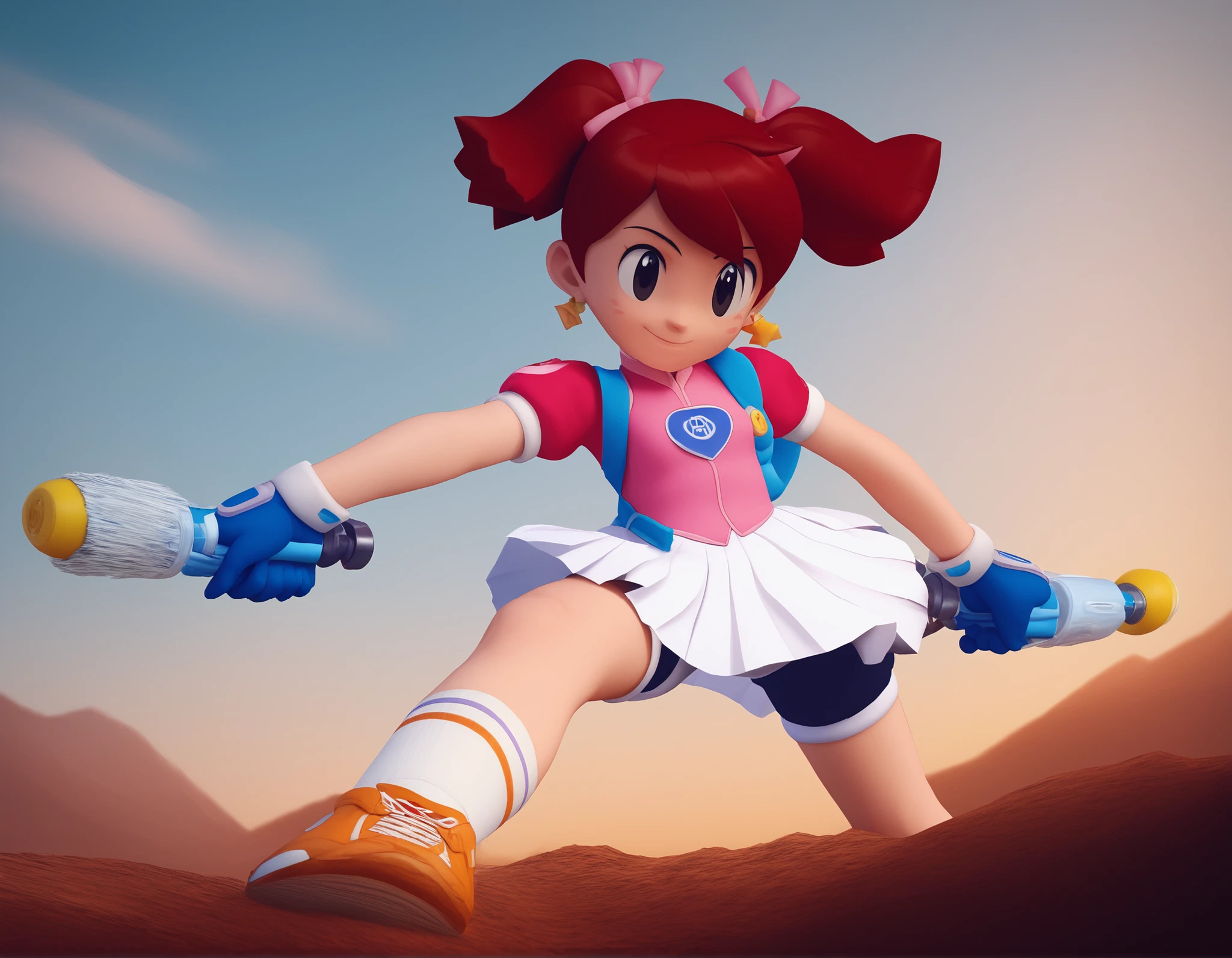 best quality, masterpiece, highres, detailed, digital artwork, Sayaka, short twintails, red hair, black eyes, big head, blue gloves, pink shirt, white skirt, shorts under skirt, white socks with a pink stripe, orange tennis shoes with white laces, smile, in a mountain, laser blade in hand, action scene, kawaii, cute, confidense expression, waifu, sport girl, energetic, beauty,