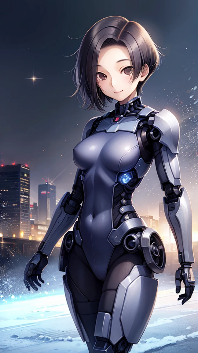 ((masutepiece,Best Quality, Detailed)), 1girl in, Solo, Cowboy Shot, Outdoors, Night, Cityscape, Starry sky, Detailed eyes,
oshino ougi, School run, Black Gloves, Smile, Closed mouth, inner colored hair, Half-closed eyes,
(mecha musume, Mechanical parts, Robot joints, Black bodysuit)
