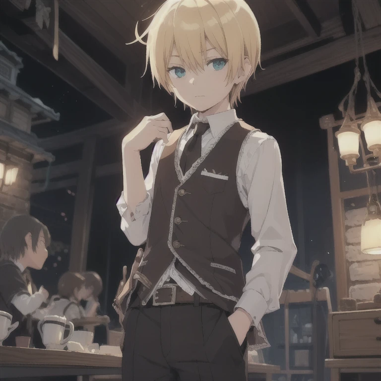 (masterpiece:1.2),ultra-detailed,(realistic:1.37),(school background,indoor,8),((focus on face),(portrait)),((a boy)),black choker,((blonde short hair)),((male face)),((crossdress)),((blushing)),(stand collar),(pants),vibrant colors,soft lighting.