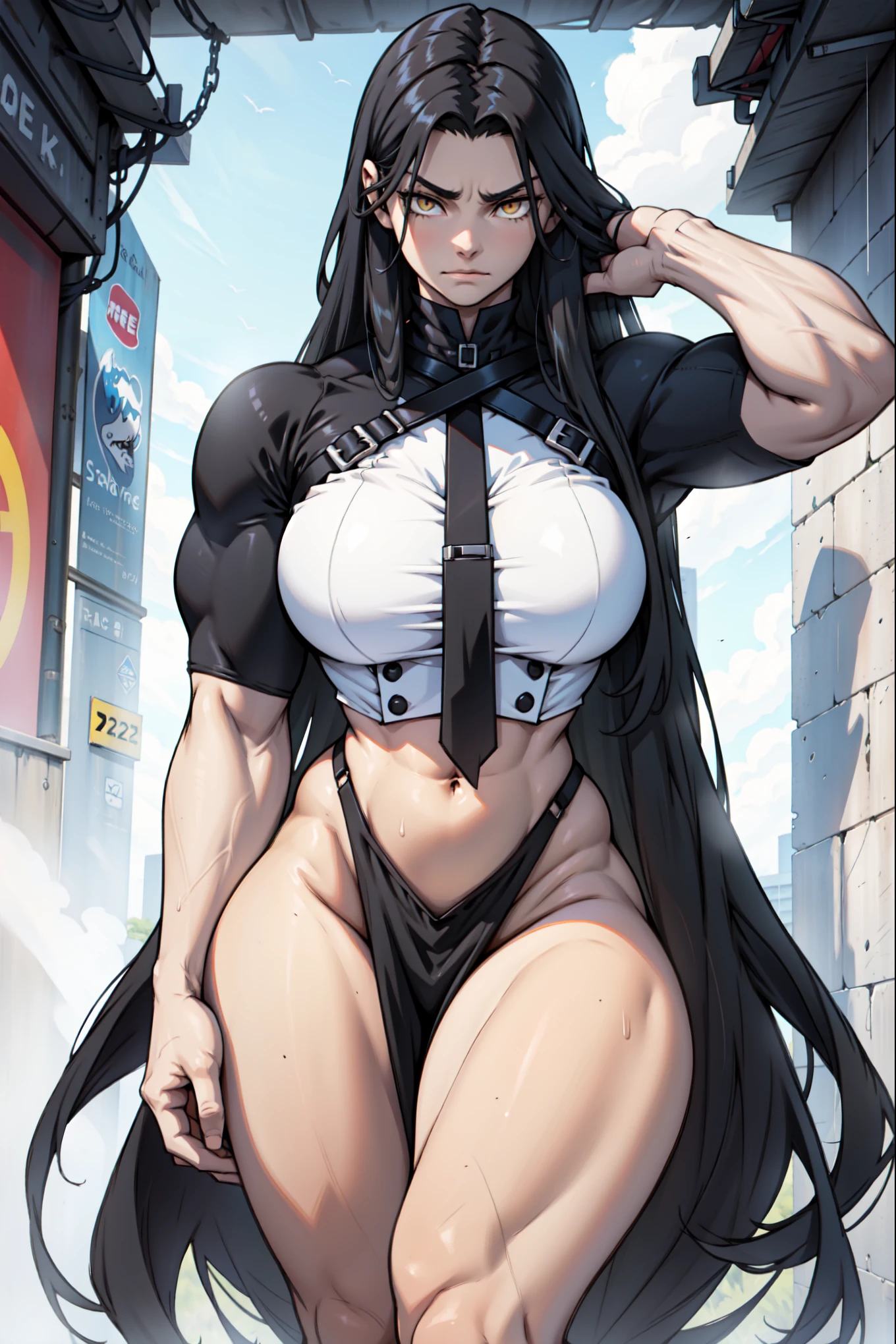 muscular 1 girl thick thighs large breasts curvy wide hips, pale skin yellow eyes black hair long hair angry