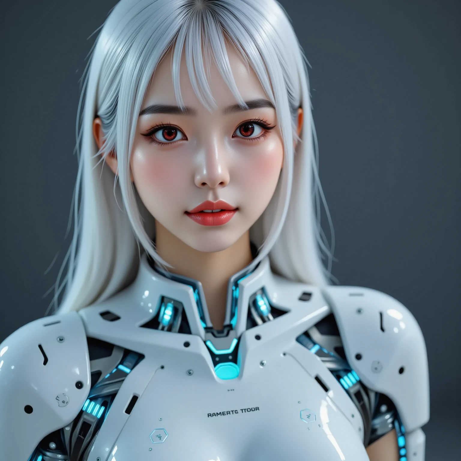 (Highest quality, High resolution, masterpiece:1.2), Very detailed, Realistic:1.37, (Perfect Anatomy),One Girl, Cowboy Shot,(Cute and beautiful female cyborg),(Her whole body is attached to a cyborg assembly machine:1.3).Standing posture),Very cute face,The donor is a cute and beautiful 18-year-old Japanese woman..,Very cute face,(blue led eyes:1.3),,Beautiful skins, Detailed facial features, Complex Hair, (Headgear with lots of cables), (Japanese JK Serafuku transformed milky white PVC body:1.2), A body with many cables connected,Attention to detail in costumes,Metal Necklace,Futuristic hair accessories, Seductive makeup,Silvery semi-long hair,cyber punk,Cybernetic,