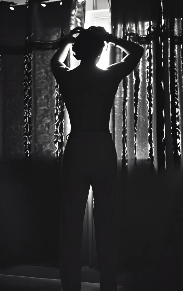 Una imagen en estilo art nouveau, Surrealista y abstracto. A woman dances in a dark room lit by several candles, Su sombra reflejada en la pared tiene la forma de un demonio..