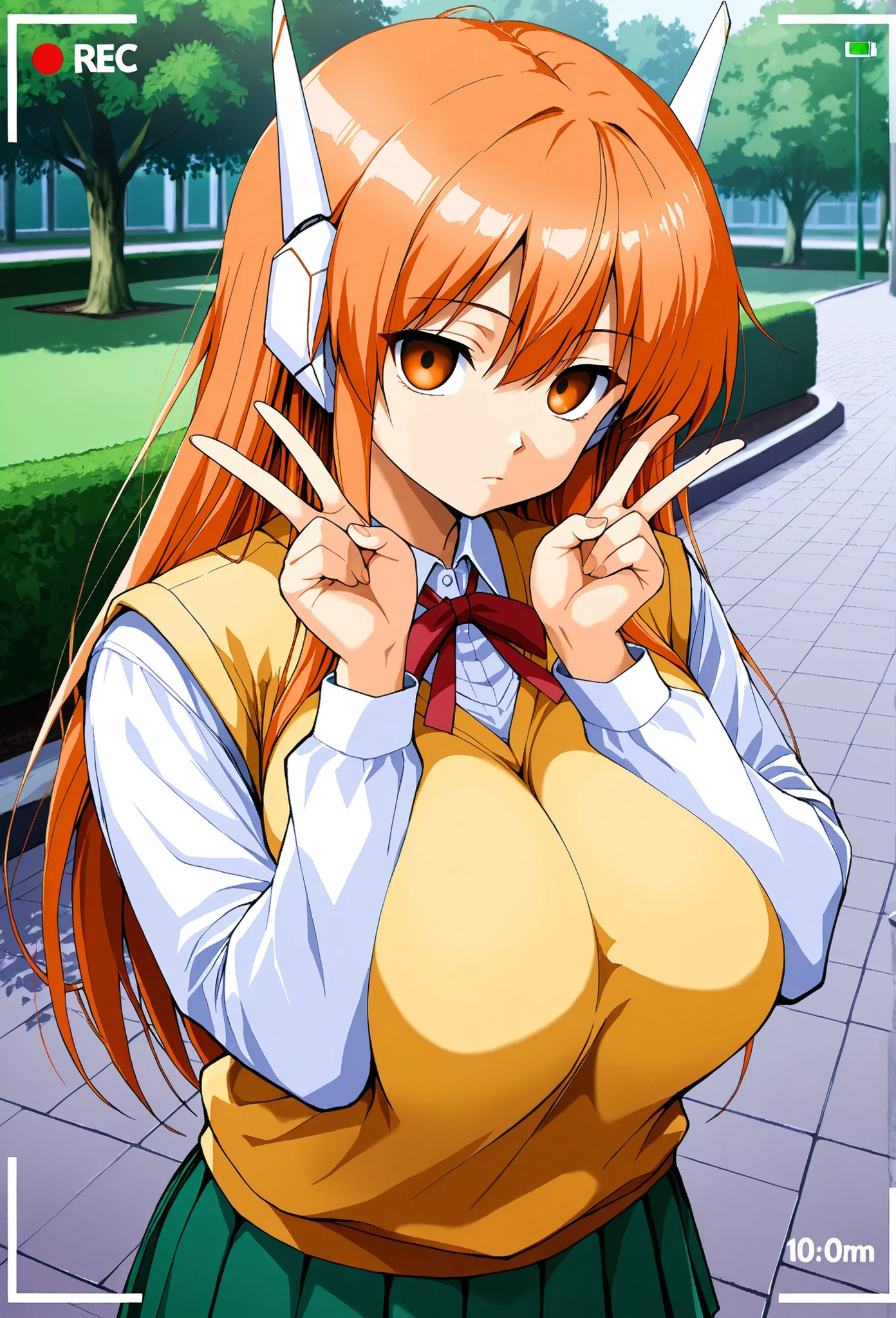   shinozuka jouji art style,best quality,ultra-detailed,high resolution,extre,mely detailed CG,unity 8k wallpaper,1girl solo,mx-13_serio, orange eyes, empty eyes, orange hair, long hair, robot ears, school uniform, sweater vest, ribbon, white shirt, long sleeves, pleated skirt, green skirt, , (slender),(expressionless:1.2),double_v,elbow squeeze,  squeezed together,park,day,upper boby,viewfinder,from above