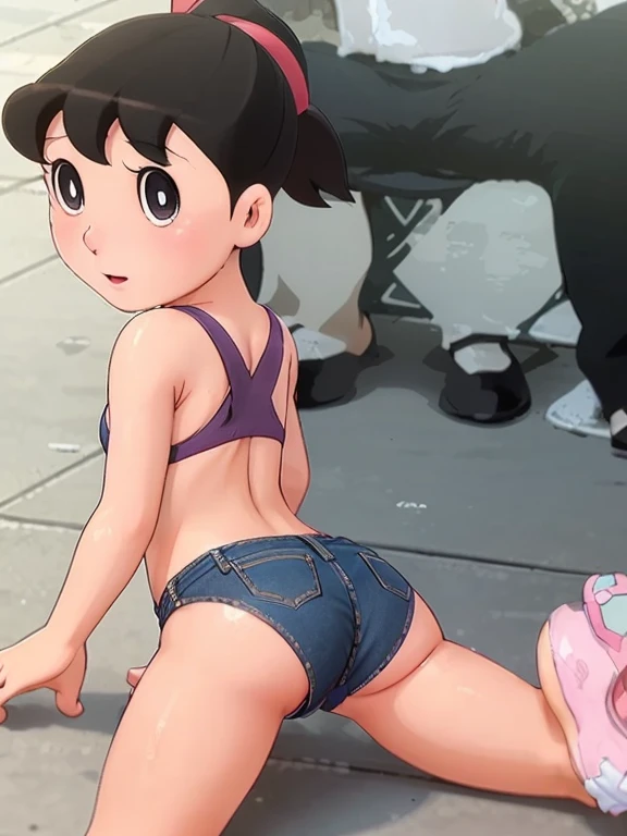 uzumaki_himawari, torn clothes, short black hair, blunt bangs, blue eyes, ((black pink thong)), ((solo)), wet bikini, young girl, open mouth, hands tied, pole, black rope, (masterpiece: 1.2), (absurd: 1.2),(best quality: 1.2),