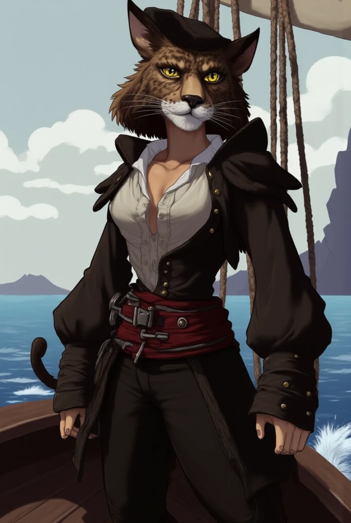 (High res, best quality, masterpiece) realistic drawing, soft lighting, bright lighting, ocean background, adult female, (solo, woman) anthro panther woman, human face, ((panther fur, claws, panther nose)), lion tail, clawed feet, slender body, medium breasts, abs, pirate outfit, fully body, pirate wardrobe, smiling, smirking expression, on a boat, brown top, pants: navy blue, leather armor, bare_shoulders, smooth skin, beautiful body, curvy body, (sleeveless shirt)