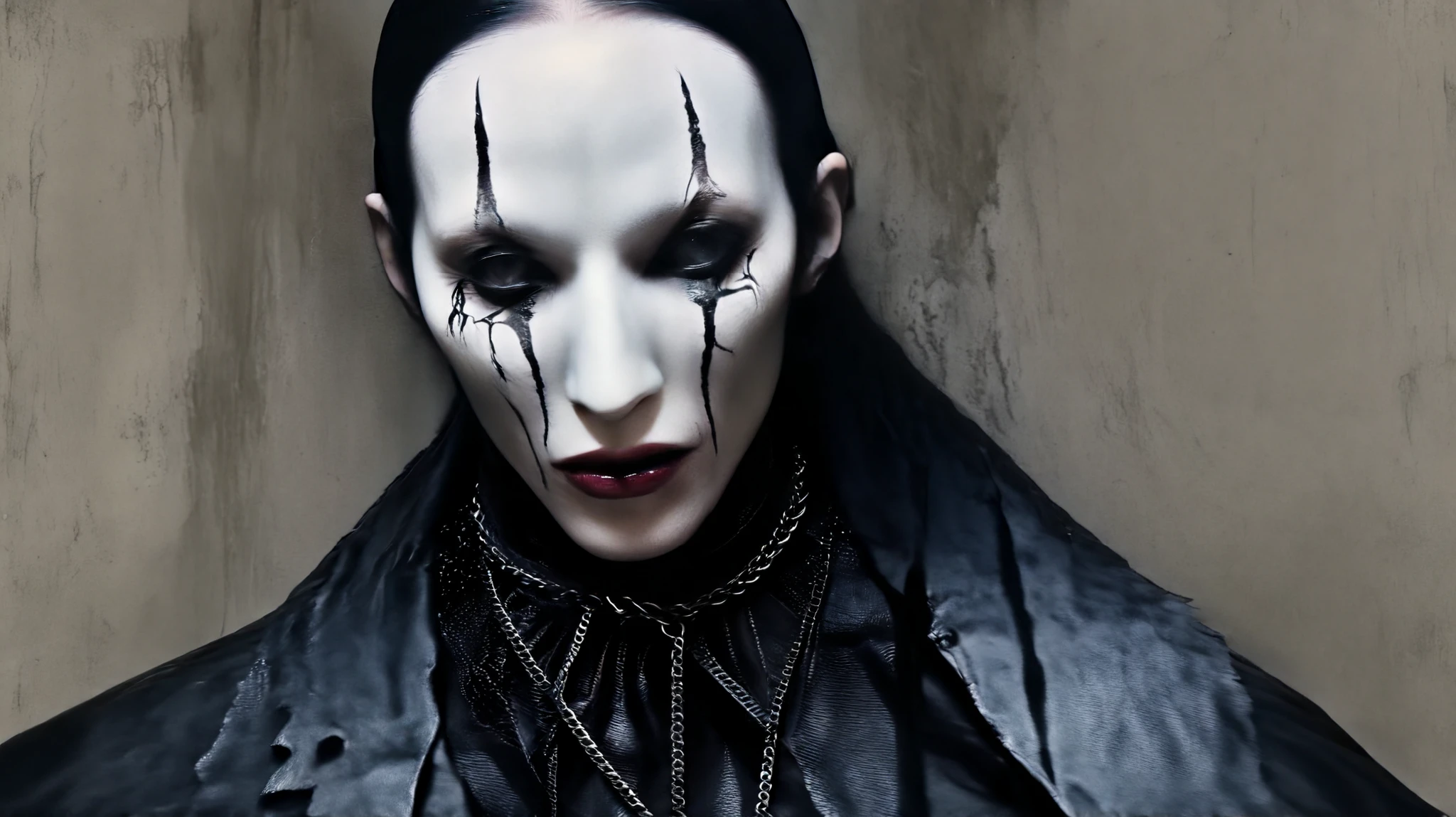 Marilyn Manson inspired, photography, trendy close up, strange animal background in gothic castle, extreme and sinister fetish leather, straps and zippers, fetishist, sadomasochism, Extremely bizarre, until