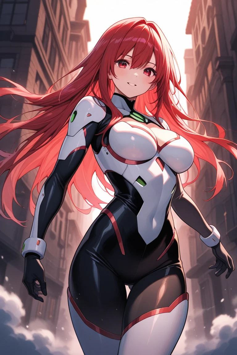 girl, With big breasts, white spy suit, long red hair, crimson eyes, futuristic armor, red lights.