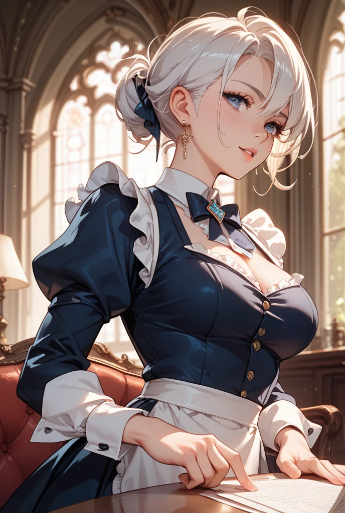 (Best quality, 8k, 32k, Masterpiece, UHD,:1.2),RAW, 1girl,ultra cute , natural lighting,transparent shining eyes, 20yo,medium breast ,fair complexion ,flushed face, dynamic angle, deep in the night, sexy pose, a blond, A dark-haired, White-silver hair, Blue ash eyes, Green ash eye, (maid clothes:1.5), Glaring expression, Happily atmosphere, flowers