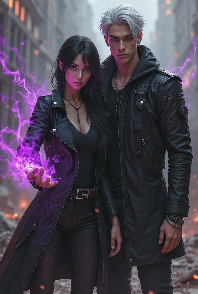  Make an image of the white male character with brown eyes and hair, with medium length hair parted in the middle with black clothes holding a purple power. and one with long black hair and white bangs and red eyes, with a short black jumpsuit long black hair with black power in her hand Using powers on a battlefield 
