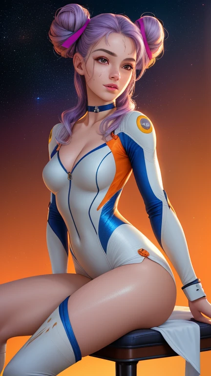 (masterpiece), best quality, expressive eyes, perfect face, front lighting, (space station background), (posing), (seductive look), (cleavage view), (1girl, Nami, 18 years old, orange hair, long hair, wavy hairstyle, brown eyes, hourglass figure, left shoulder tattoo, skinny body, thin body, petite_body, small breasts, wide hips, thick thighs), (cyber punk style, white zip-up cyber punk onepiece bodysuit, white onepiece bikini, turtle neck, sleeveless, white boots, white antenna headset),