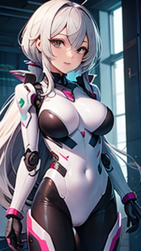 ((Masterpiece)), best quality, absurderes, ultra detailed, holographic, cowboy shot, dynamic pose, golden ratio, super cute girl, mature girl, extremely beautiful, super beautiful Asian girl with super beautiful violet eyes, super beautiful white hair, shiny skin, high ponytail, nice and sexy body, slim and delicate body, perfect body, wearing a super tight white leotard, a neon cat diadem, being photographed in an alien spaceship