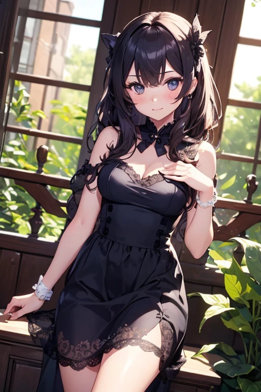 A beautiful girl in a black dress sitting on a wooden platform, anime girl, rose garden, beautiful and sunny day, black lolita dress with lots of ruffles, floral print dress, short sleeve, lolita choker, low-cut chest, big round breasts, white lace thigh-high stockings, black lolita shoes, dark brown hair, gradient bangs, french braid, long hair, ponytail, wavy hair, swept bangs, shiny hair, hairclip, hair ribbon, hair flower, jewelry, lolita hairband, aqua eyes, glowing eyes, pupils sparkling, earrings, light smile, blush, happy, red lips, slim waist, shapely legs, beautiful thighs, princess dress, short skirt, high detail, anime, dithering, image fill, perspective, Wide-Angle, f/1.8, 85mm, Sony FE GM, 8k, 8k wallpaper, super detail, highly detailed CG, UHD, retina, masterpiece, accurate, anatomically correct, textured skin, highres, best quality:1.3, 16k